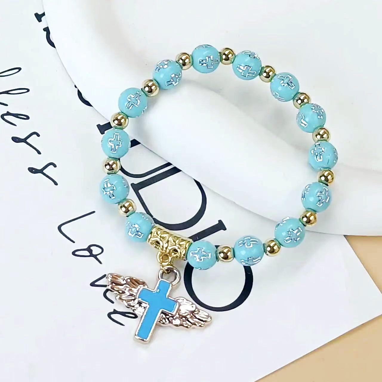 Angel Wing Cross Beaded Bracelet