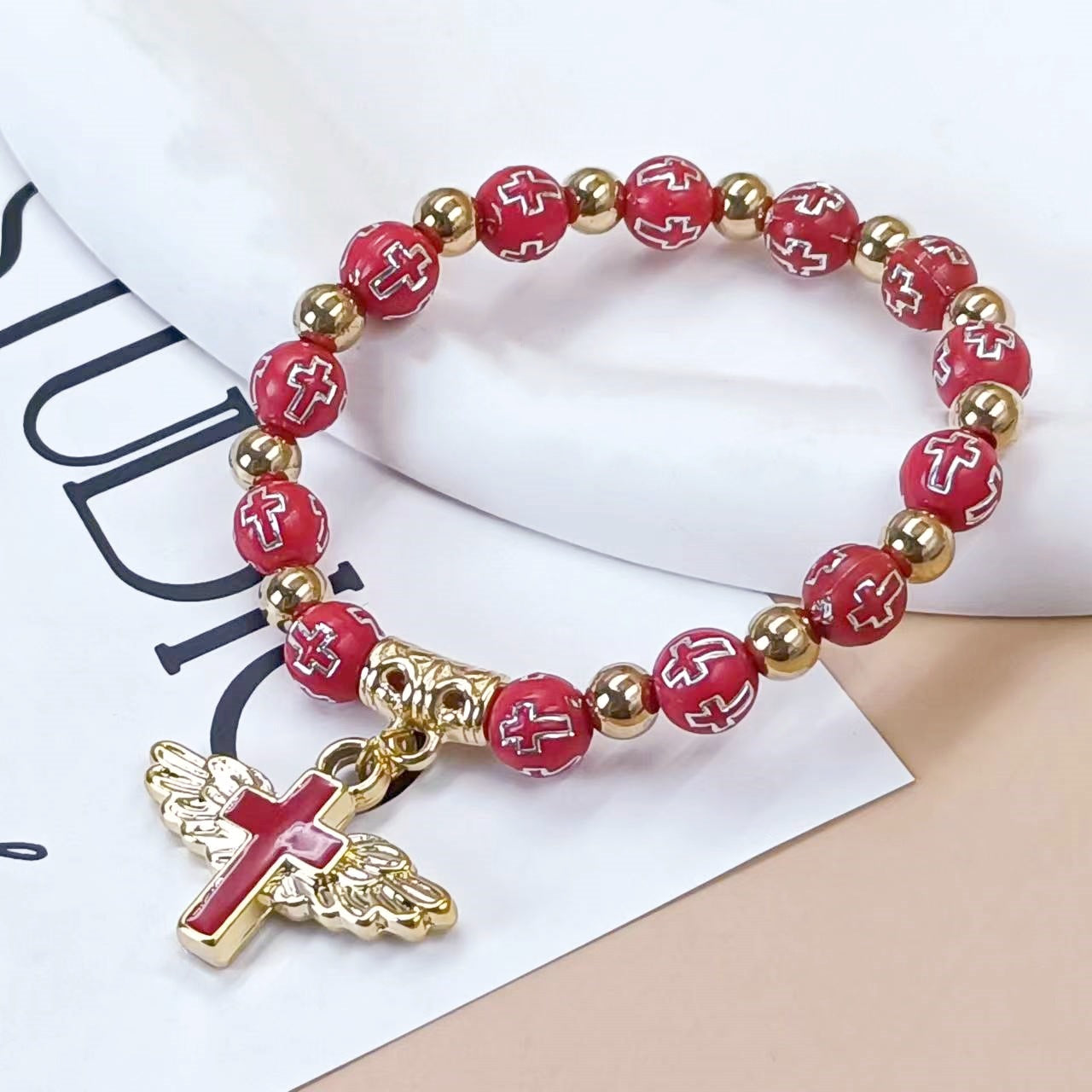 Angel Wing Cross Beaded Bracelet
