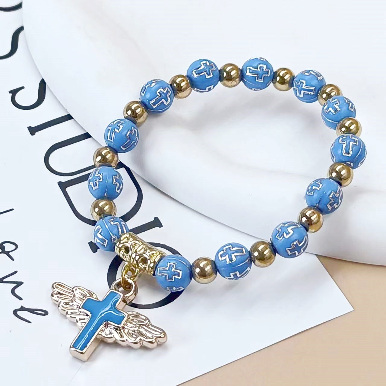 Angel Wing Cross Beaded Bracelet