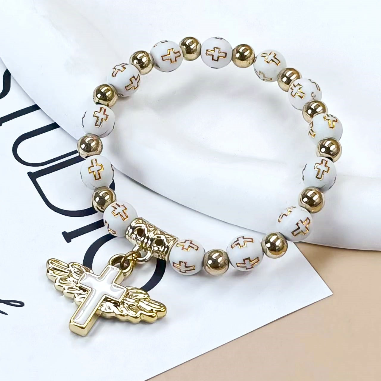 Angel Wing Cross Beaded Bracelet