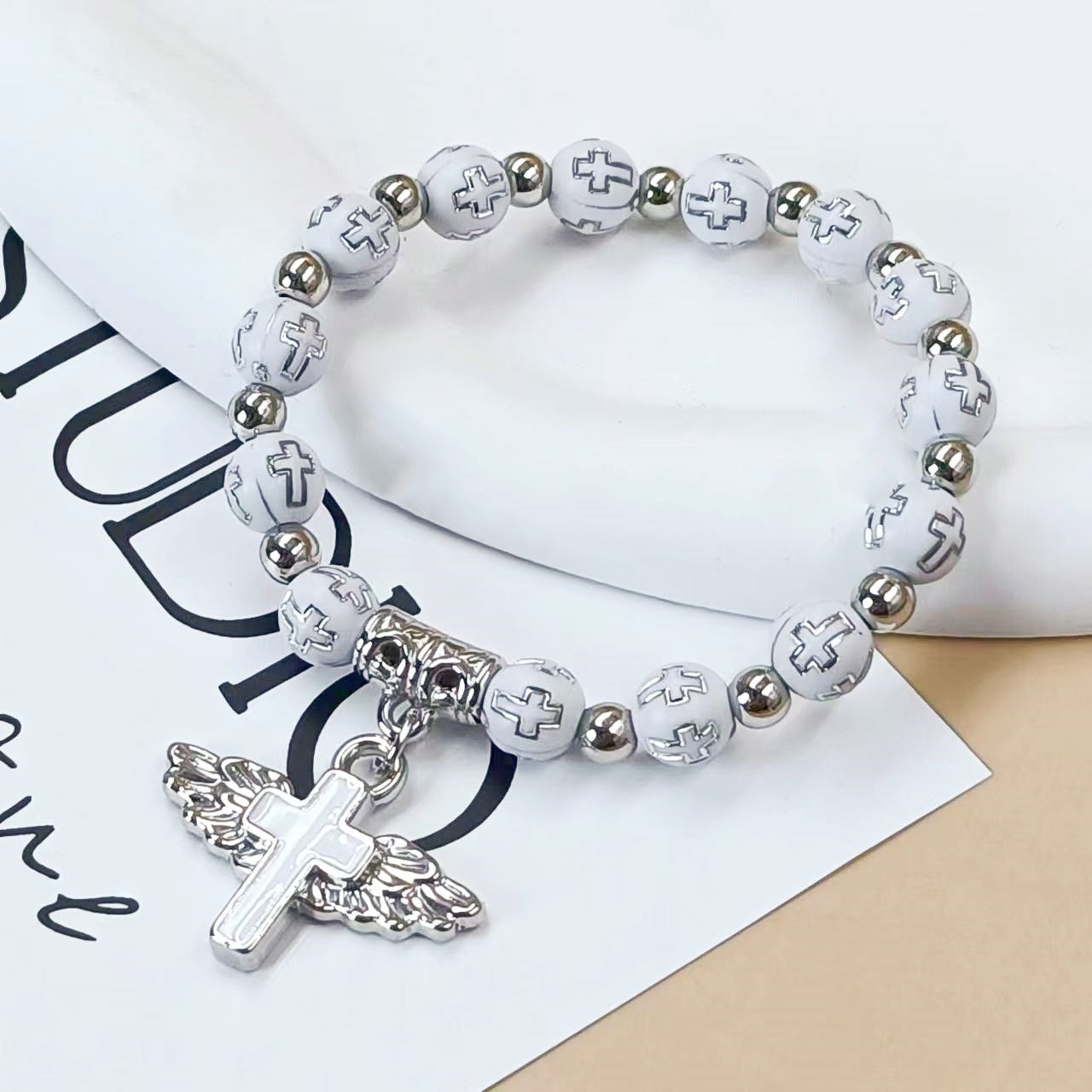 Angel Wing Cross Beaded Bracelet