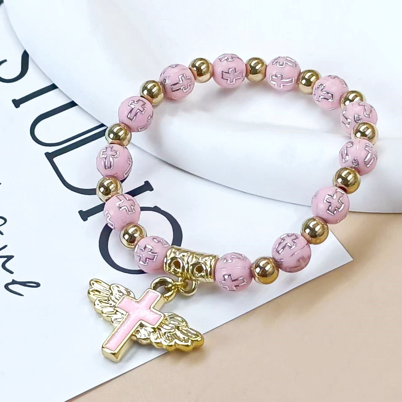 Angel Wing Cross Beaded Bracelet